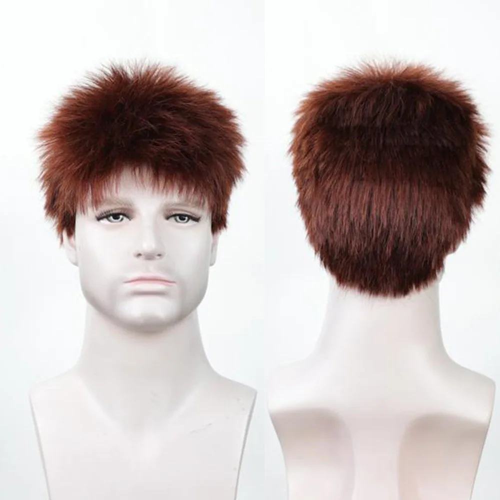 Men's Short Straight Spiky Textured Wig Brown/Black Blended Heat Resistant Fiber Casual Party Hairpiece for Men