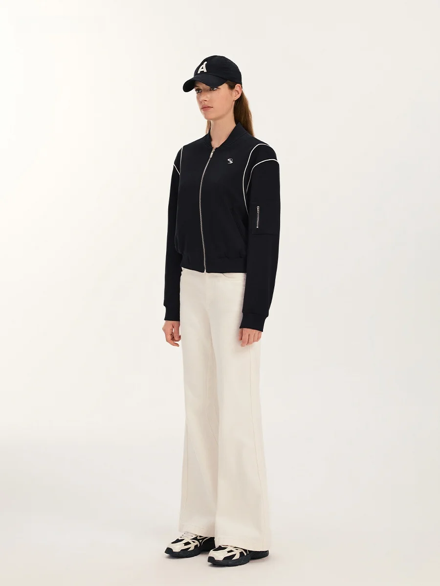 

Vone eeE American Retro Bla Zipper Baseball Jaet Women Loose ort Top Early Autumn New Sle Street Sle Polyester Co...