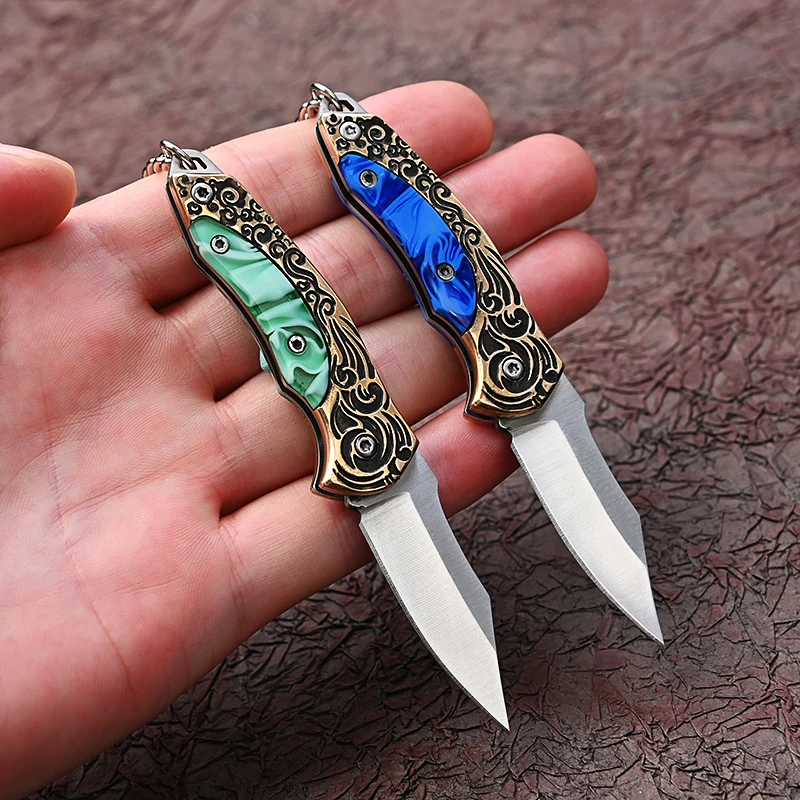 Folding Knife Green Blue Resin Embossment Decoration Pocket Knife Unboxing Cutter for Men Women Gift Keychain EDC Survival