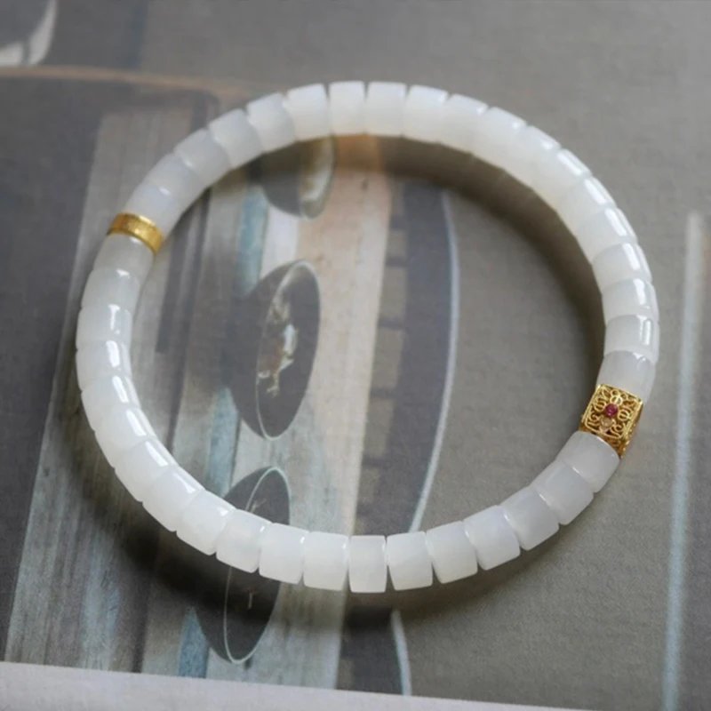 

Natural Hetian White Jade Bracelet for Women 18k Gold Natural Hetian Jade Cylindrical Straight Cut Bracelet High Quality