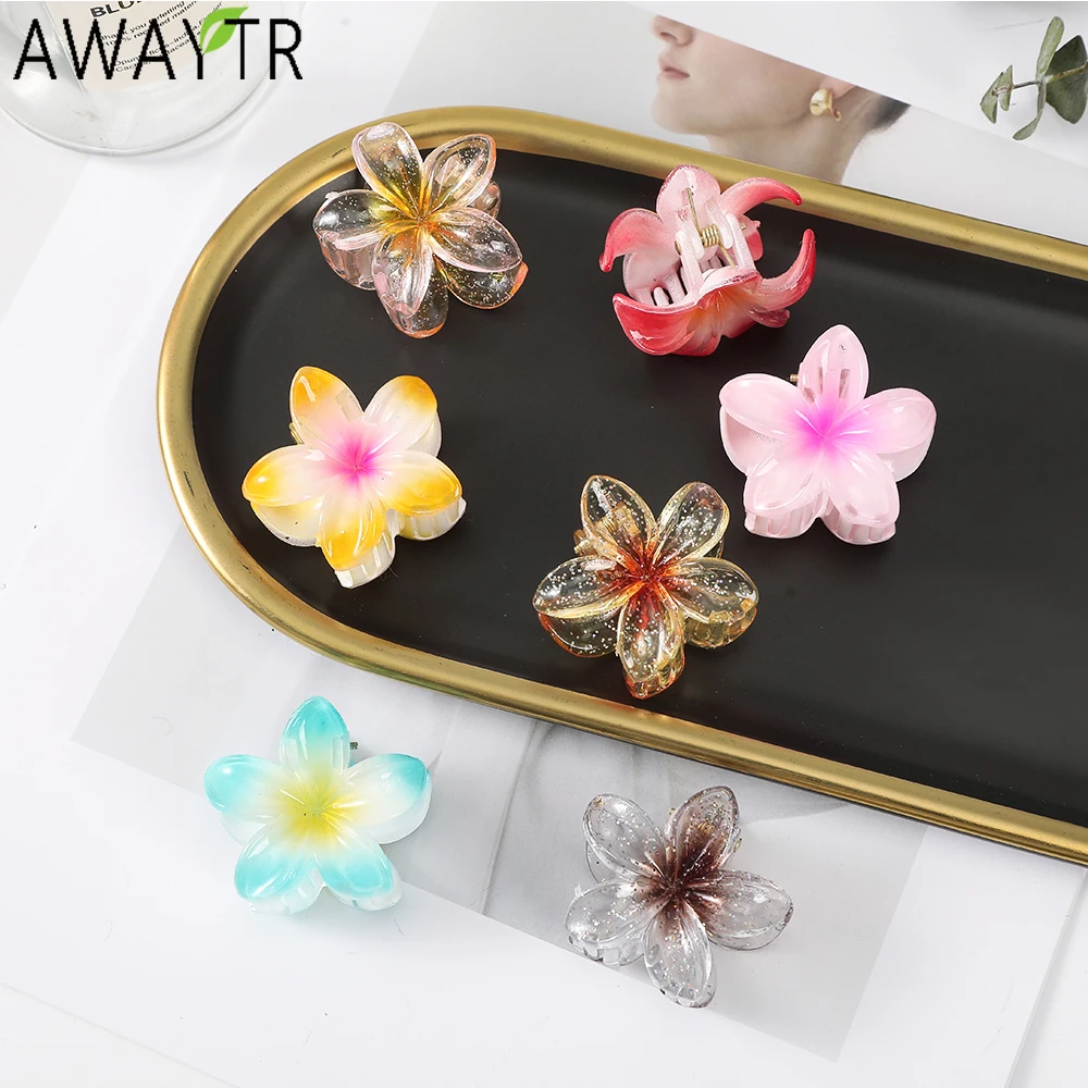 AWAYTR 2PCs Hawaiian Hair Claws Plastic Flower Hair Clips Crab For Women Girl Gift Hair Accessories Headwear