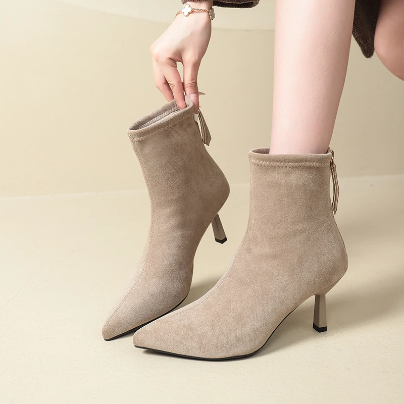 2025Vintage Scrub Stiletto Booties Fashion Pointed Toe Rear Zipper Non-Slip Wear-Resistant Heels