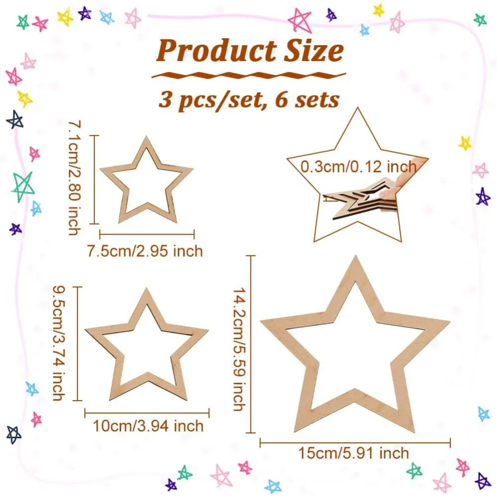 18pcs 3 Size Star Shaped Dream Catcher Frame Wooden Rings Wood Star Hoops Wooden Hoop Rings Circle Nature Wooden Hoop Craft