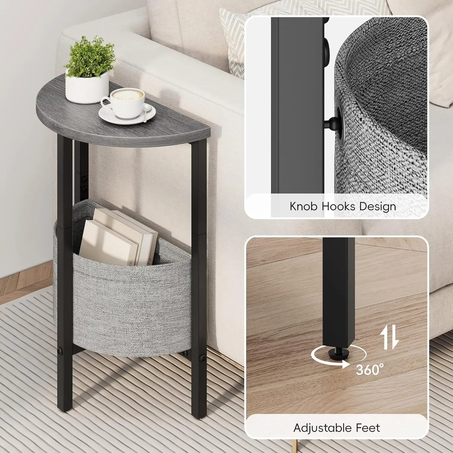 Small Round Side Table End Table, Tall Accent Table with Storage Basket, Set of 2 Half Round Table Half Moon Tables, Coffee B