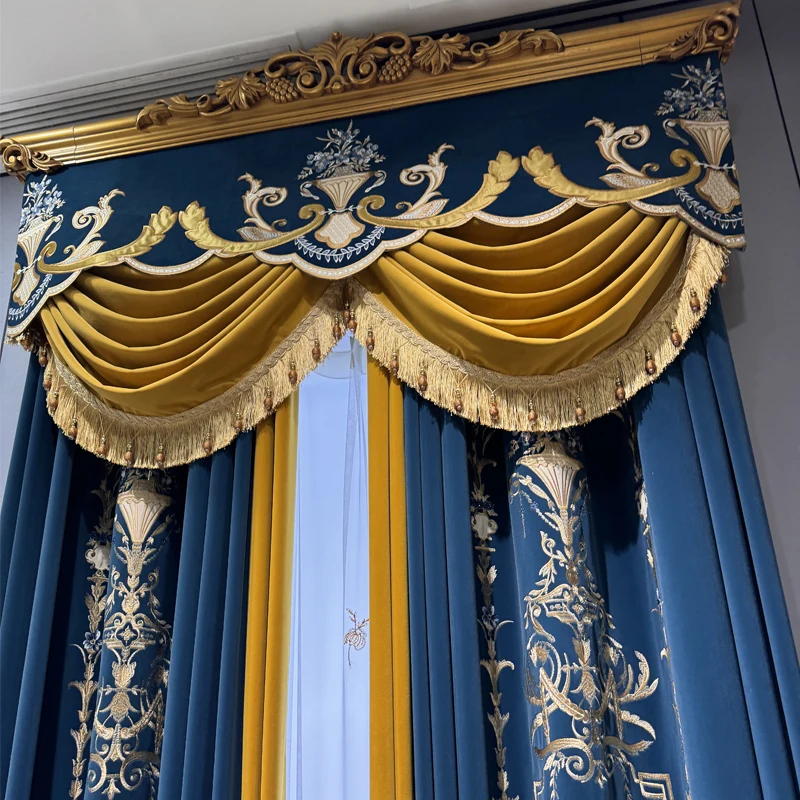 Custom luxury noble shading embroidered villa high window blue thick velvet cloth blackout curtain tulle valance drape C1668