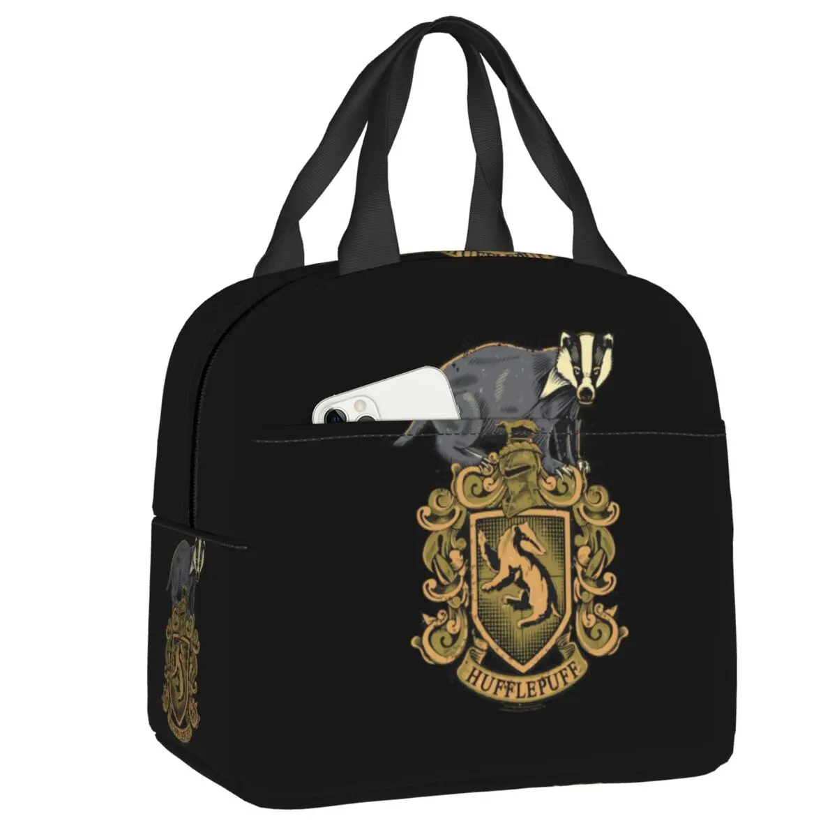 

Custom H-Harrys Hufflepuff Badger Crest Lunch Bag Men Women Cooler Thermal Insulated Lunch Boxes for Kids School Children