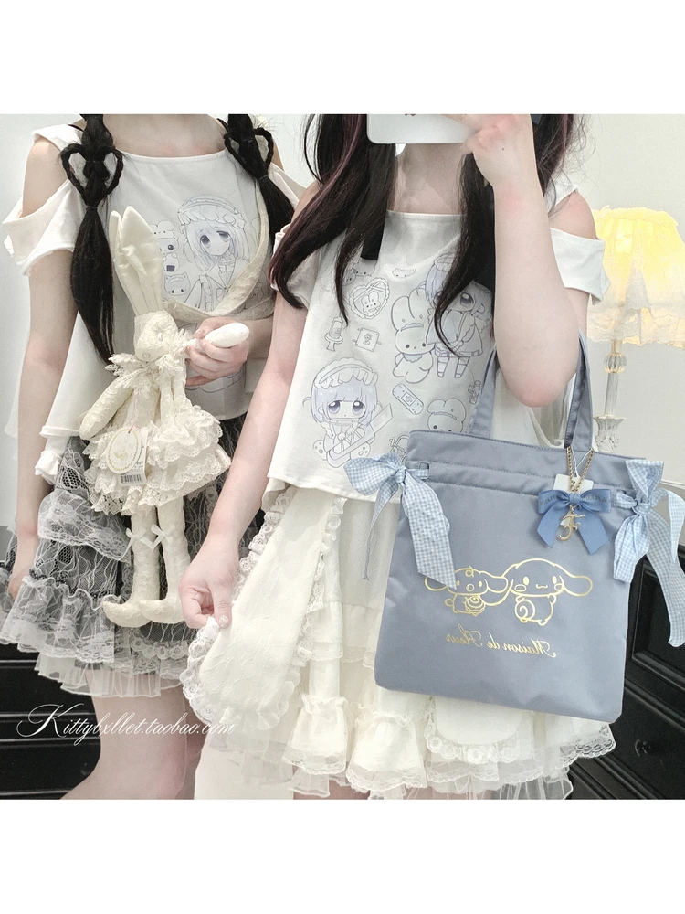 Damska koszulka letnia z nadrukiem kreskówki subkultury, odkryte ramiona, krótki rękaw, okrągły dekolt, słodka dziewczyna, uniwersalna, codzienna bluzka.