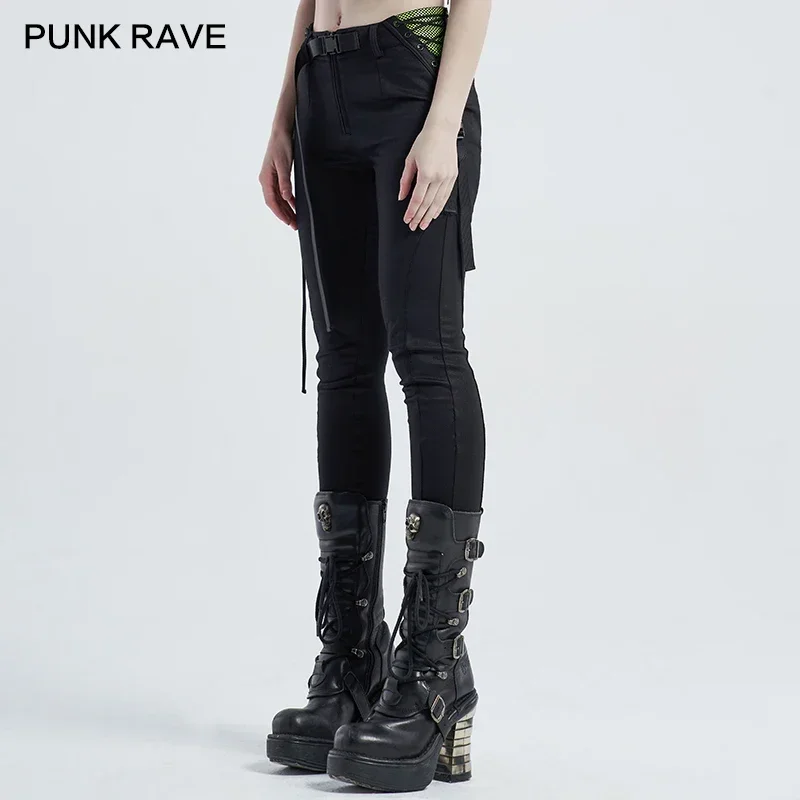 PUNK RAVE Women\'s Punk Handsome Skinny Leggings Streetwear Bandage Design Casual Trousers Waist Side Yellow-green Splicing