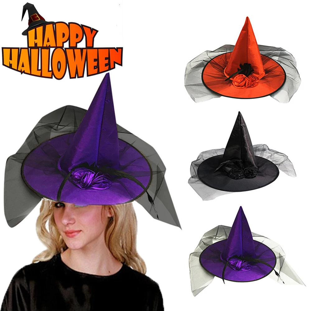

Special Design Halloween Party Sharp Corner Women Feather Rose Flower Cloth Wizard Hat Pumpkin Cap Ruched Witch Hat
