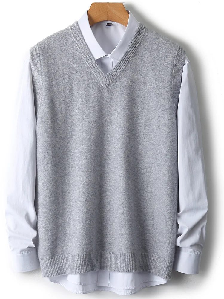 New Men's 100% Merino Wool Sweater Vest V-neck Pullover Autumn Winter Smart Casual Wool Sleeveless Knitwear Waistcoat Basic Tops
