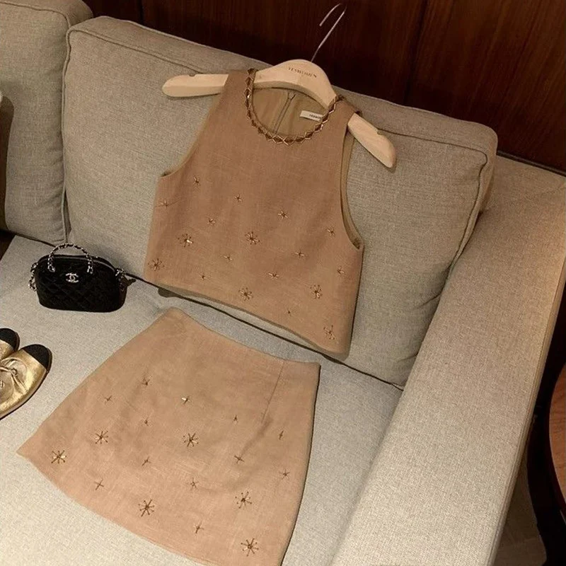 

Oversized Women Clothing Summer 2025 New Temperament Sleeveless Tank Top High Waist A-line Skirt Female Sexy Two-piece Suit