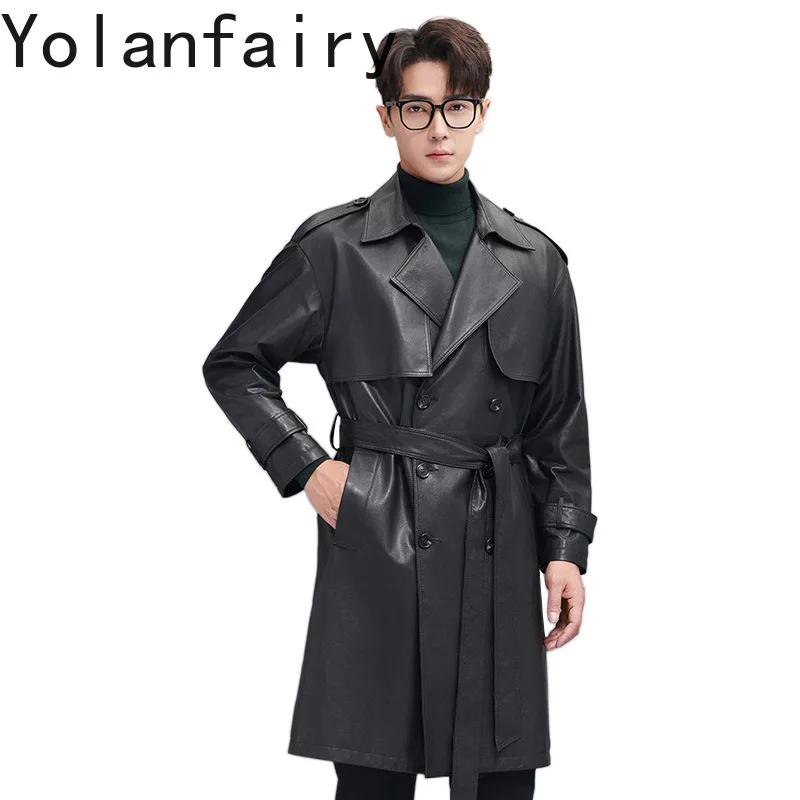 YOLANFAIRY Brand Real Sheepskin Genuine Leather Jacket Man Double Breasted Suit Collar Loose Men's Long Leather Trench Coat 가죽자켓