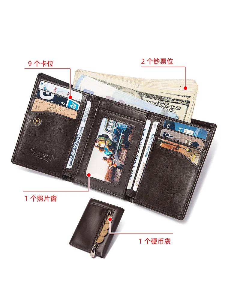 Men's Multi-Card Wallet Genuine Full Grain Cowhide Zippered Coin Pouch RFID Blocking Multi-Color Options