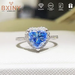 BXINY 1/2CT Sea Blue Heart Cut Moissanite Rings S925 Silver GRA Certified Diamond For Women Halo Wedding Band Fine Jewelry Gifts