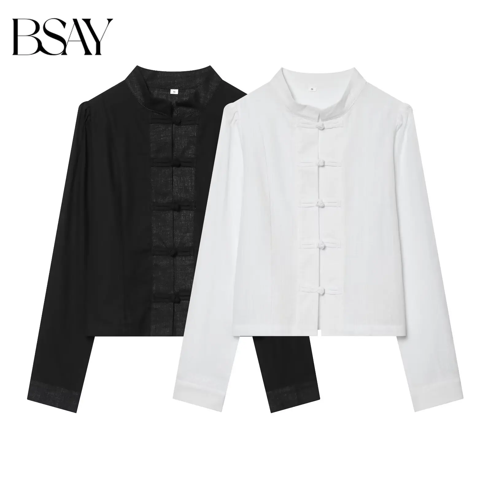 BSAY Damen Neue Bluse im Chinesischen Stil mit Knotenknöpfen, Weißes Hemd mit Stehkragen, Langärmelig, Tailliert, Schicke Damenoberteil Mujer
