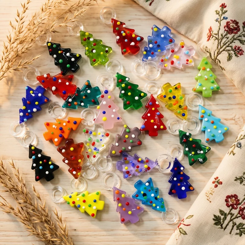 2pcs Mini Colorful Christmas Tree Glass Pendant Dopamine Cute Charms DIY Craft Jewelry Making Accessories for Handmade Lovers