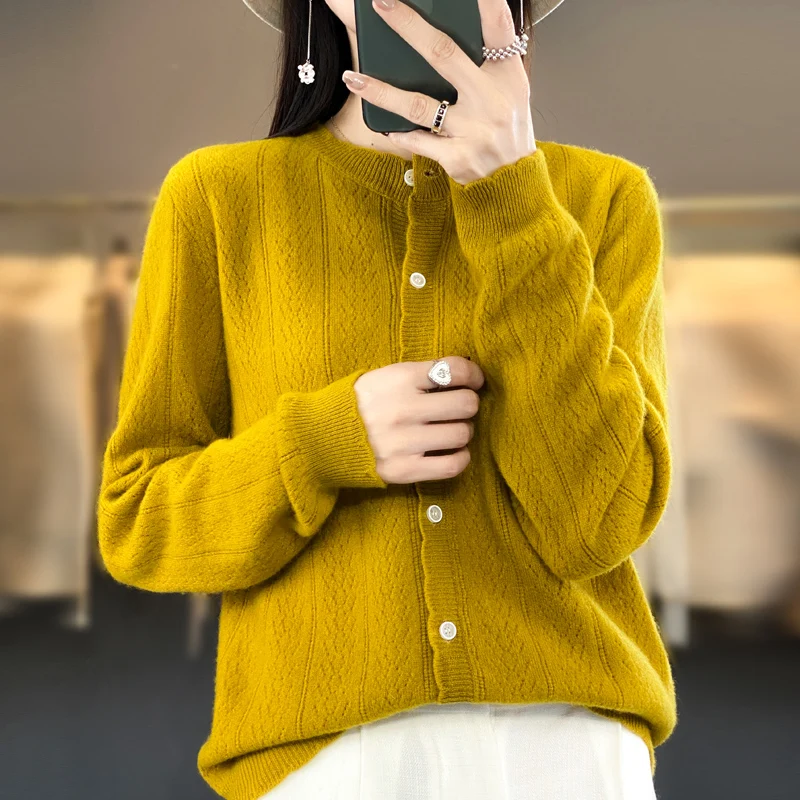 Autumn Winter Women 100% Merino Wool Sweater Lace O-neck Wheat Ear Pattern Hollow Out Cardigan Casual Knit Soft Bottoming Top