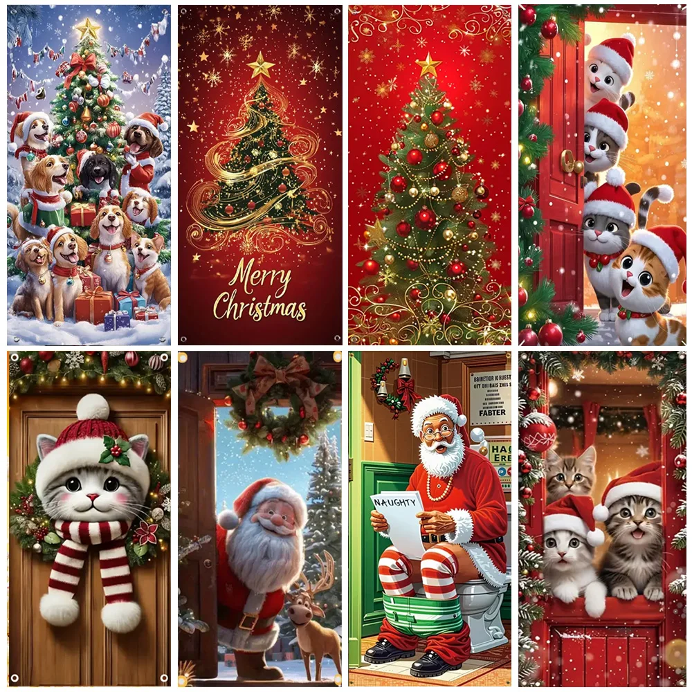 

Cartoon Christmas Santa Theme Nut Cracker Snowman Door Banner Shining Christmas Tree Party Decorations Cute Cat And Dog Backdrop