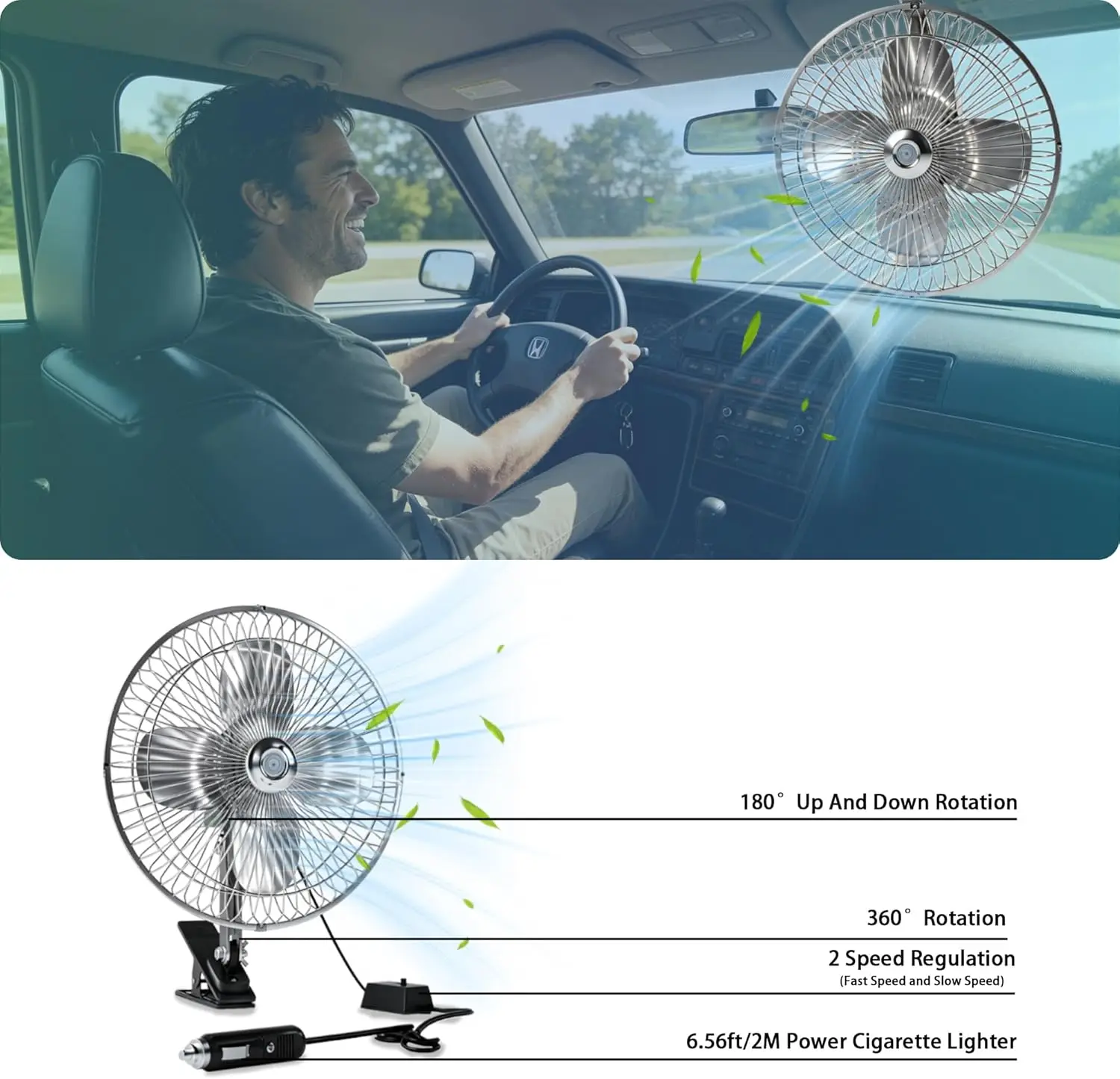 

10-Inch Silver Cigarette Lighter Fan, Two-Speed Adjustment, 360-Degree Rotation, Clip-On Design 12 Volt Fan, Perfect For Cars