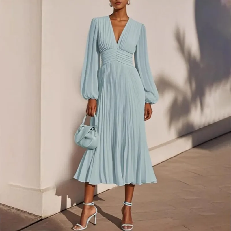 Autumn Simple Style Solid Color Dress For Women Fashion V-neck High Waisted Pleated Dress Ladies Elegant Party A-line Vestidos