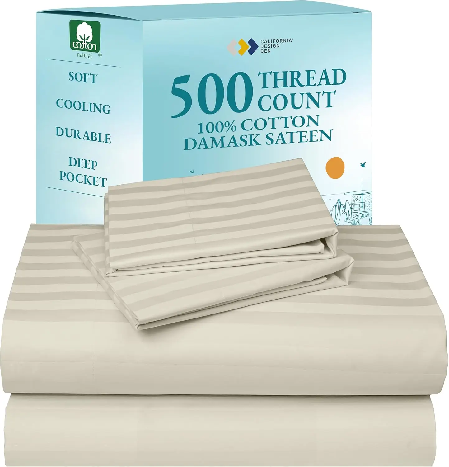 

4-Piece Queen Sheet Set, 100% Cotton 500 Thread Count Sateen, Deep Pocket, Soft Luxury, Striped Ivory