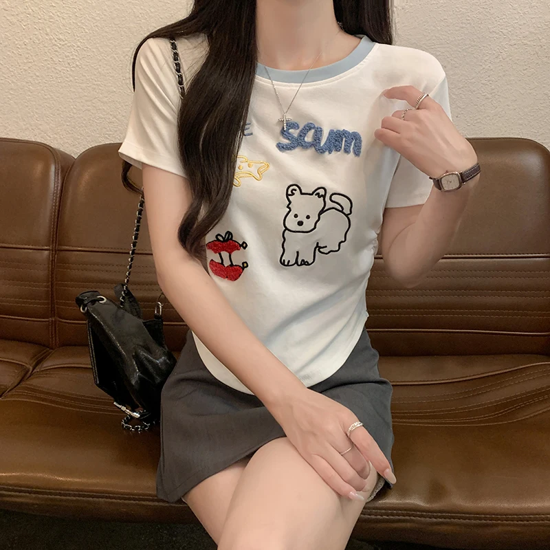 Cartoon Embroidery Towel Embroidery Patch O-neck Color Matching Front Shoulder Slim-fit Waist Top Short-sleeved T-shirt