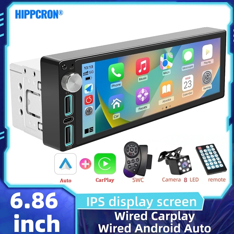 HIPPCRON 6.86 Inch Car Radio 1 Din Box Wired Carplay and Android Auto Car Display Screen with 7-Color Light Optional Camera