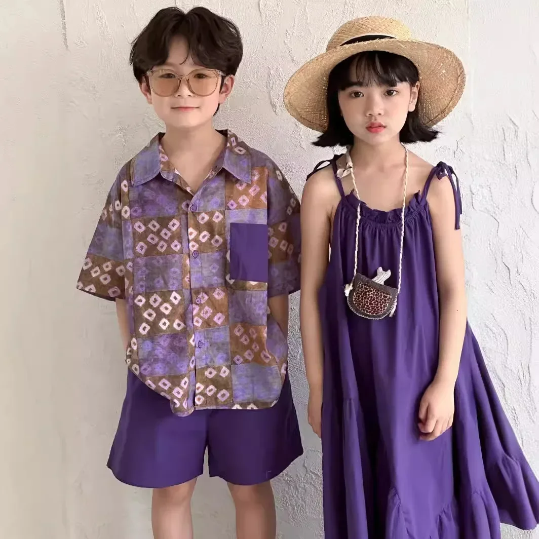 Clearance 150cm Fashion Brother Sister Clothes Summer Hot Girl's Suspender Dress Or Cool Boy's Two Piece Suit