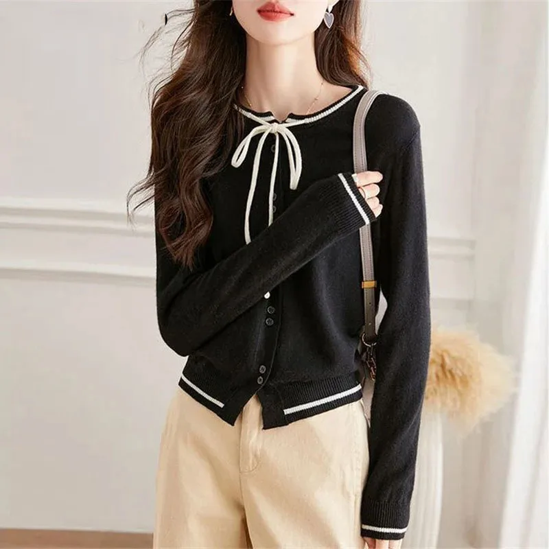 French Style Elegant Chic Lace Up Bow Kawaii Sweet Long Sleeve Knitted Cardigan Women Casual Slim Sweater Top New Spring Autumn