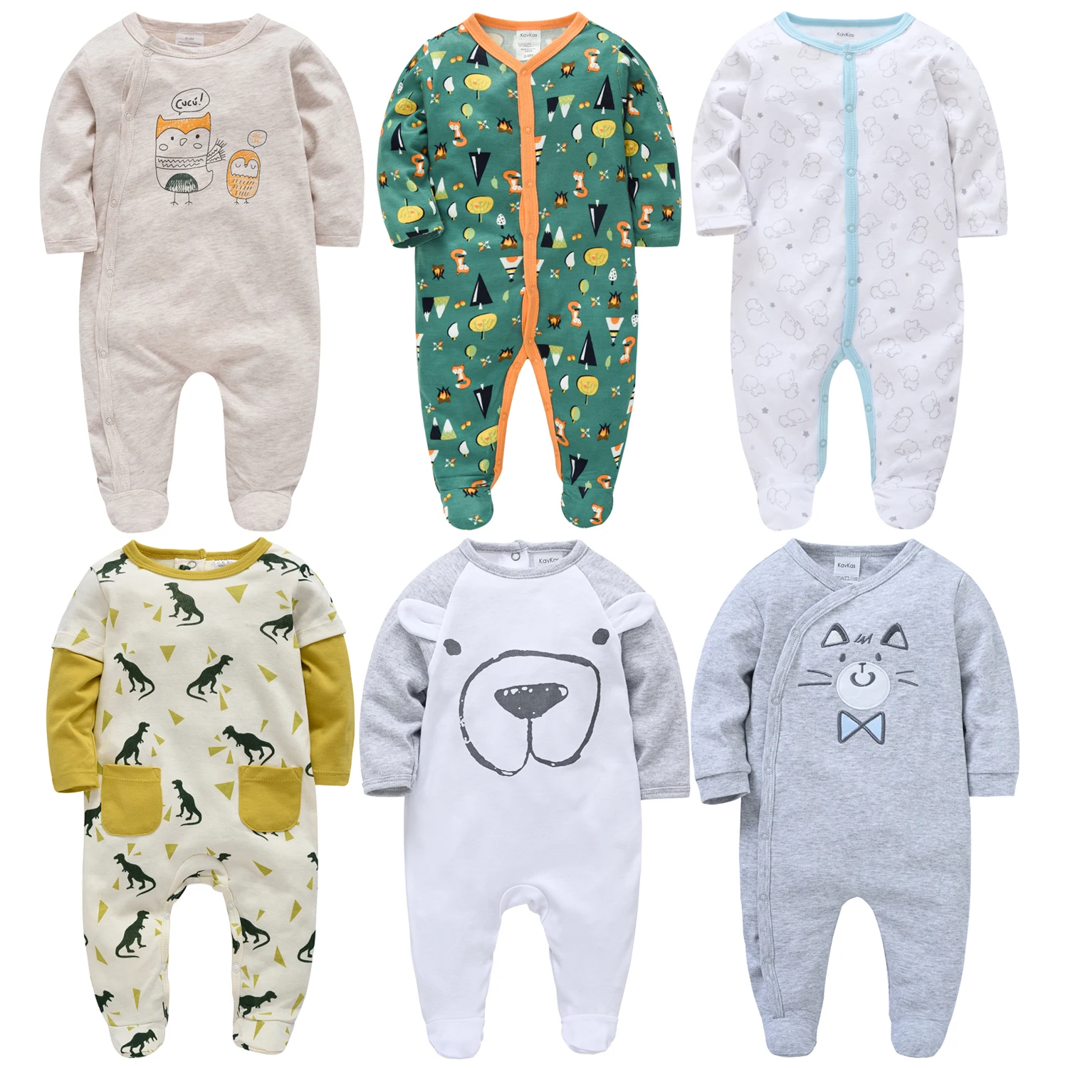 Baby Boy Romper Long Sleeve Cotton Autumn Winter Cartoon Dinosaur Bear Fox Owl Cat Animal Print Infant Jumpsuit Pajamas 1PCS