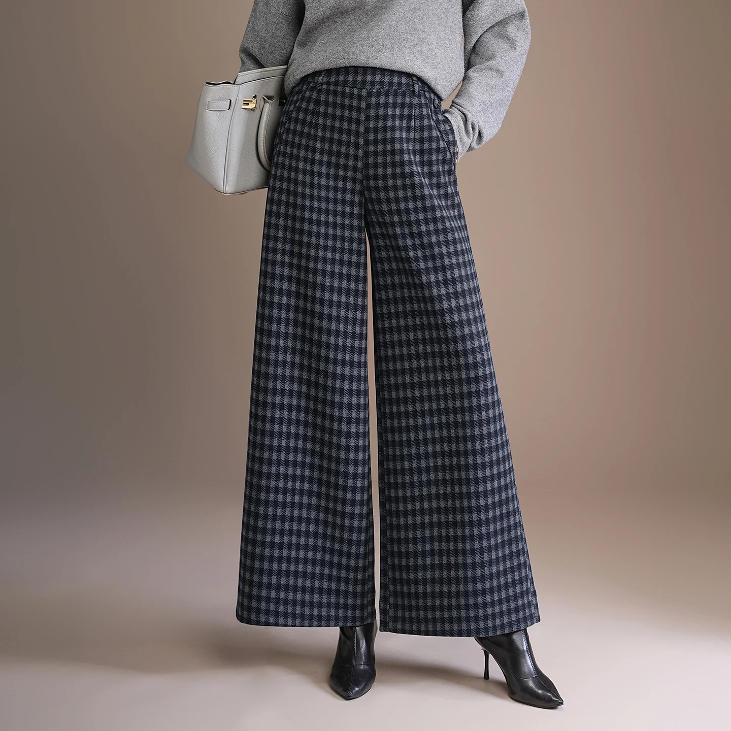 

Женские шерстяные брюки-юбка в клетку, осенне-зимние, новые, свободные, стройнящие, струящиеся, с широкими штанинами, повседневные, с высокой талией, из смесового полиэстера