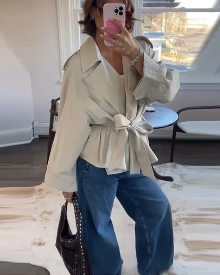 Fashion Lace Up Geraffte Graben Mantel Frauen Solide Lose Revers Volle Hülse Jacken Weibliche 2025, Frühling Sommer Dame Pendeln Mäntel neue