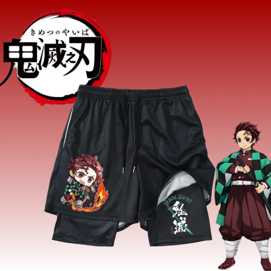 

Лето 2023 г., двухслойные шорты «Убийца демонов», аниме «2-в-1, мужская уличная одежда для спортзала, спортивная одежда для бега, тренировочная спортивная одежда Y2k