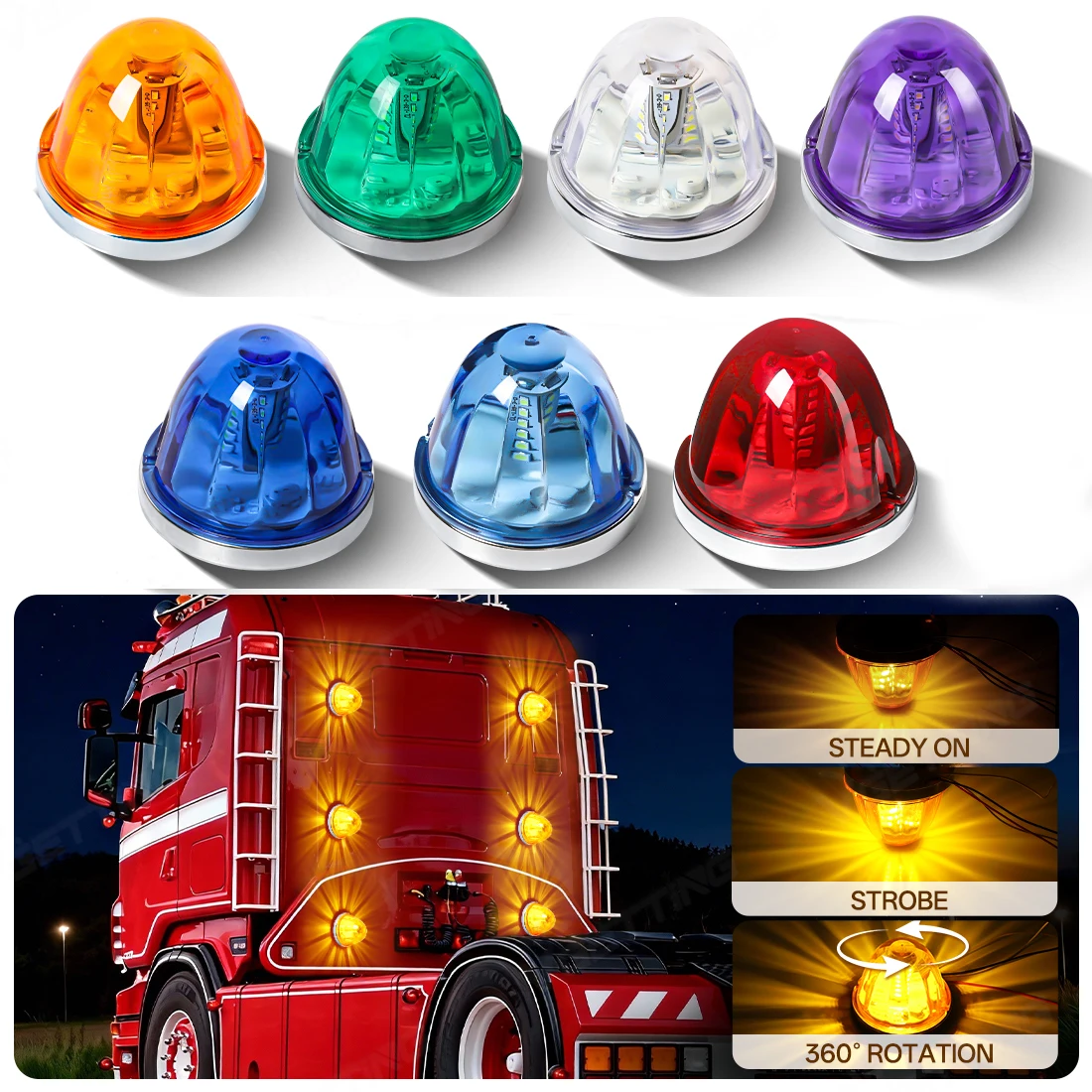 1/2/4PC Feu de position latéral pour camion, type melon, 30 LED 360° °   Lampe de signalisation de sécurité rotative, lampe stroboscopique d'avertissement, étanche, 12V 24V