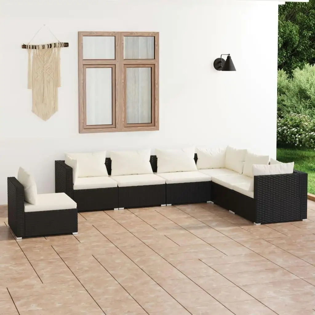 7-Piece Black Poly Rattan Patio Lounge Set with Cushions - Outdoor Furniture for Relaxation