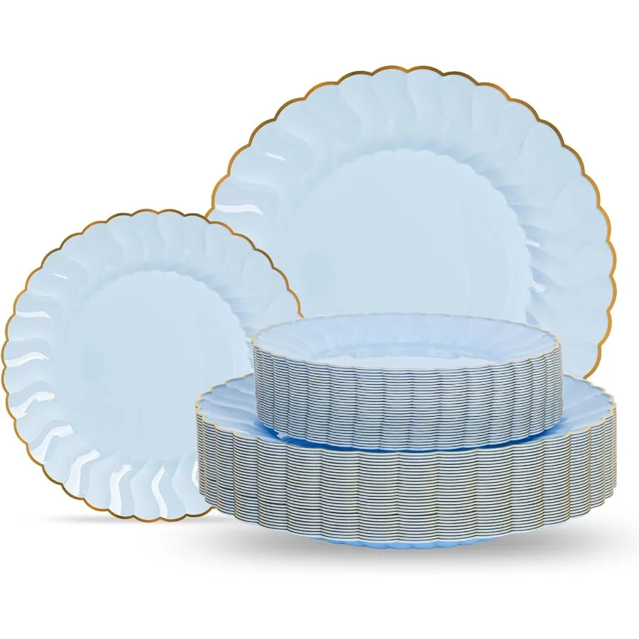 

60PCS Light Blue Plastic Plates with Gold Rim Featuring 30PCS Dinner Plates 10'' and 30PCS Dessert Plates 7.5'' Elegant Set for