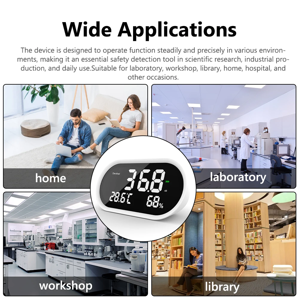 3in1 pengukur tingkat suara, alat pengukur kedataran suhu sekitar komprehensif, tampilan Digital desibel
