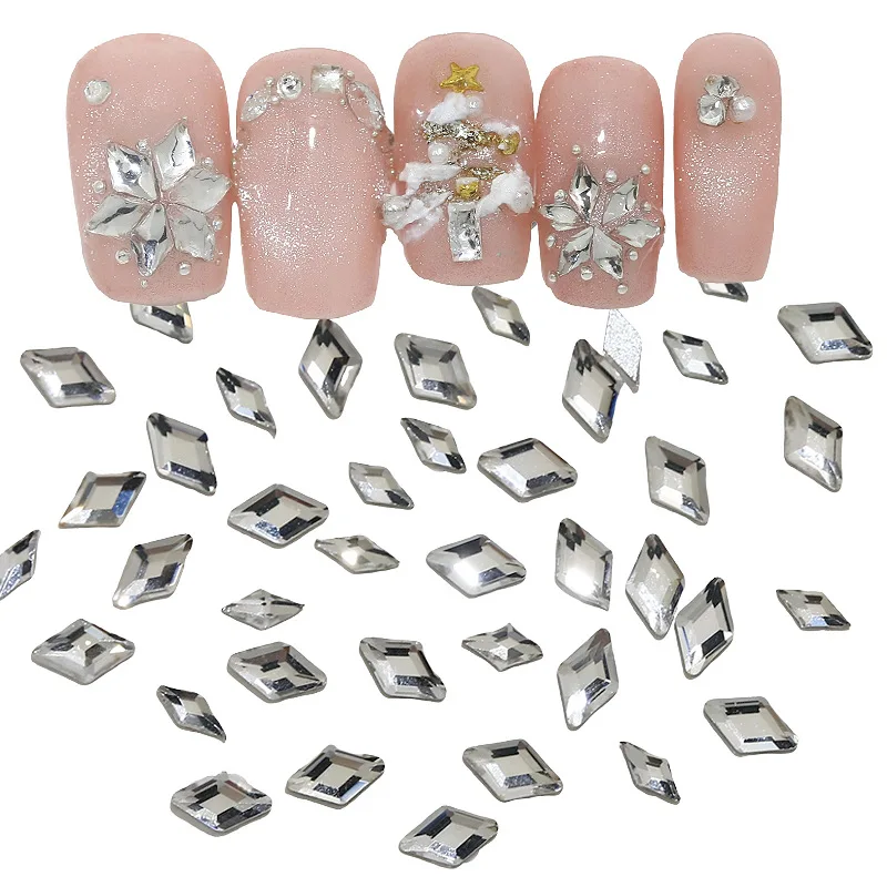 100개 반짝이는 투명한 흰색 미니 마름모 플랫백 다이아몬드 유리 네일 아트 라인스톤 눈송이 장식 매니큐어 참