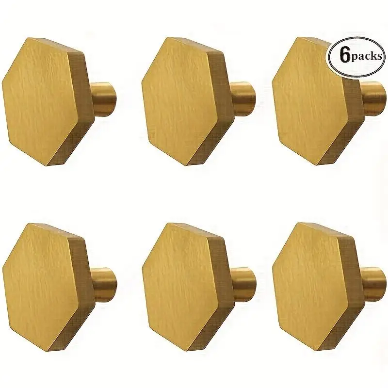 6Pcs Solid Brass Knobs Chamfered Hexagonal Kitchen Cabinet Handles Brushed Copper Drawer Hardware for Furniture Wardrobes
