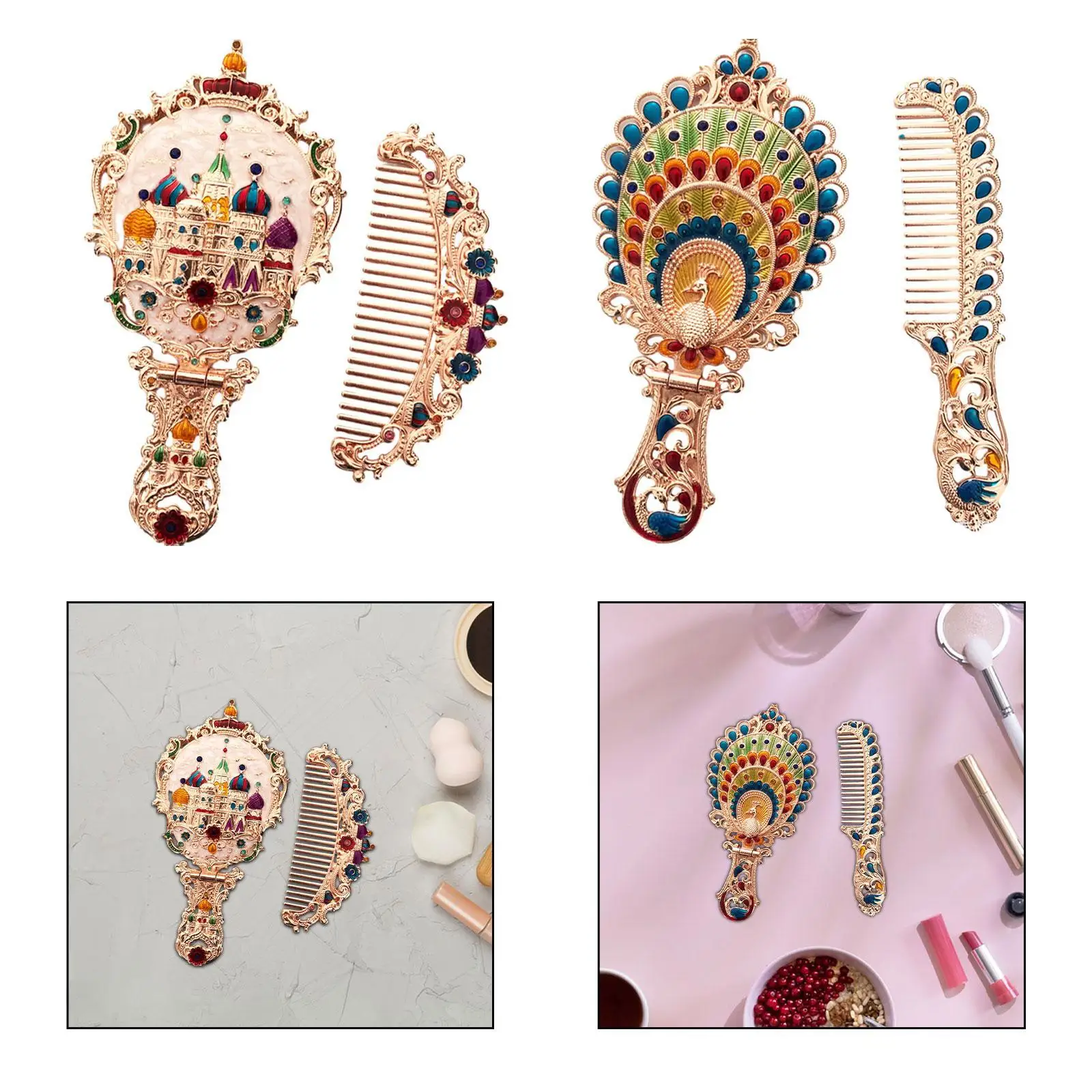 

Antique Mirror Comb Set Cosmetic Hair Comb Decorative Embossed Hand Mirror