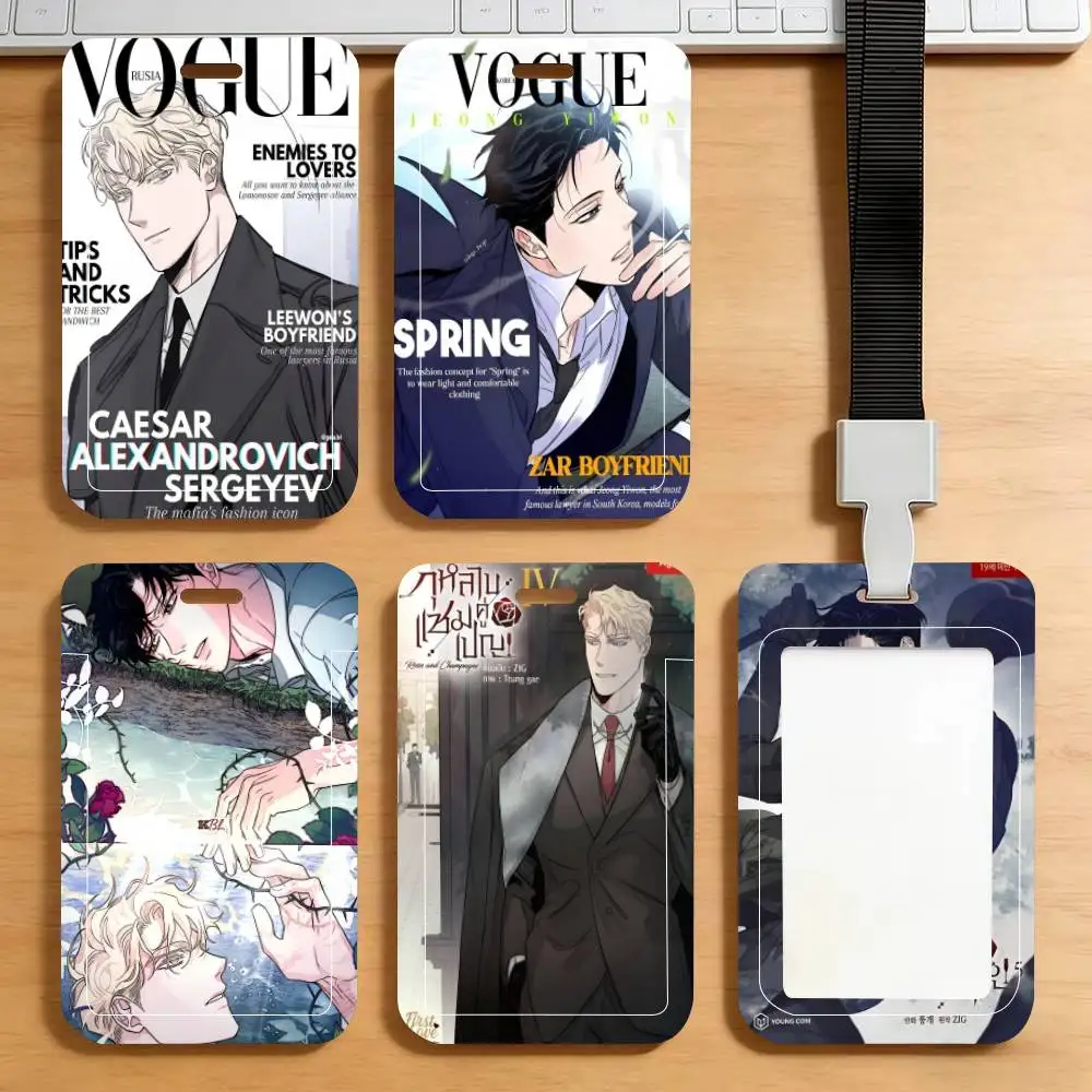 Anime R-Roses And Champagne    ID Card Holder Lanyard Covers Women Men Work Permit Holder Students Kids Bus Cards Case