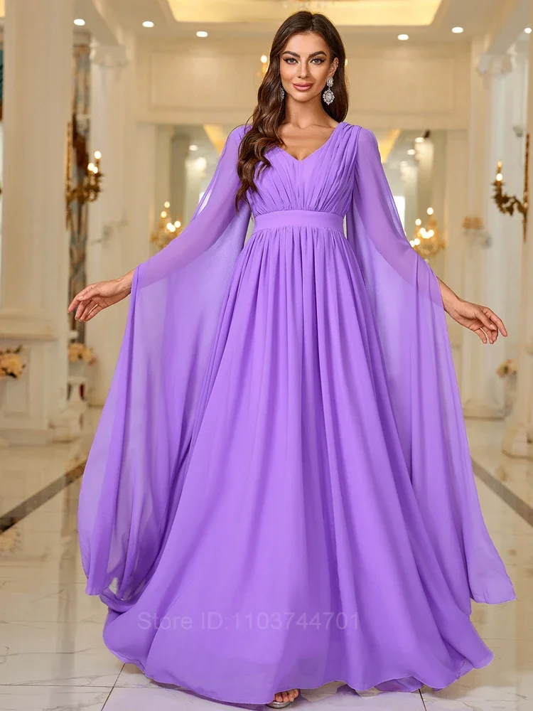 Elegant Evening Dress Maxi Long V Neck with Long Sleeves High Waist 2024 pretty Purple Bridesmaid Dress Vestidos Largos