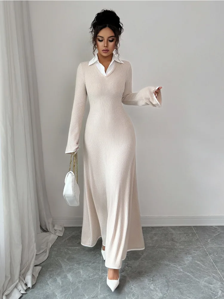 Onecozyday Damen-Wickelkleid mit Hemdkragen und langen Ärmeln, 2025, Herbst, neue Aprikose, figurbetonte Abendkleider, elegantes Partykleid