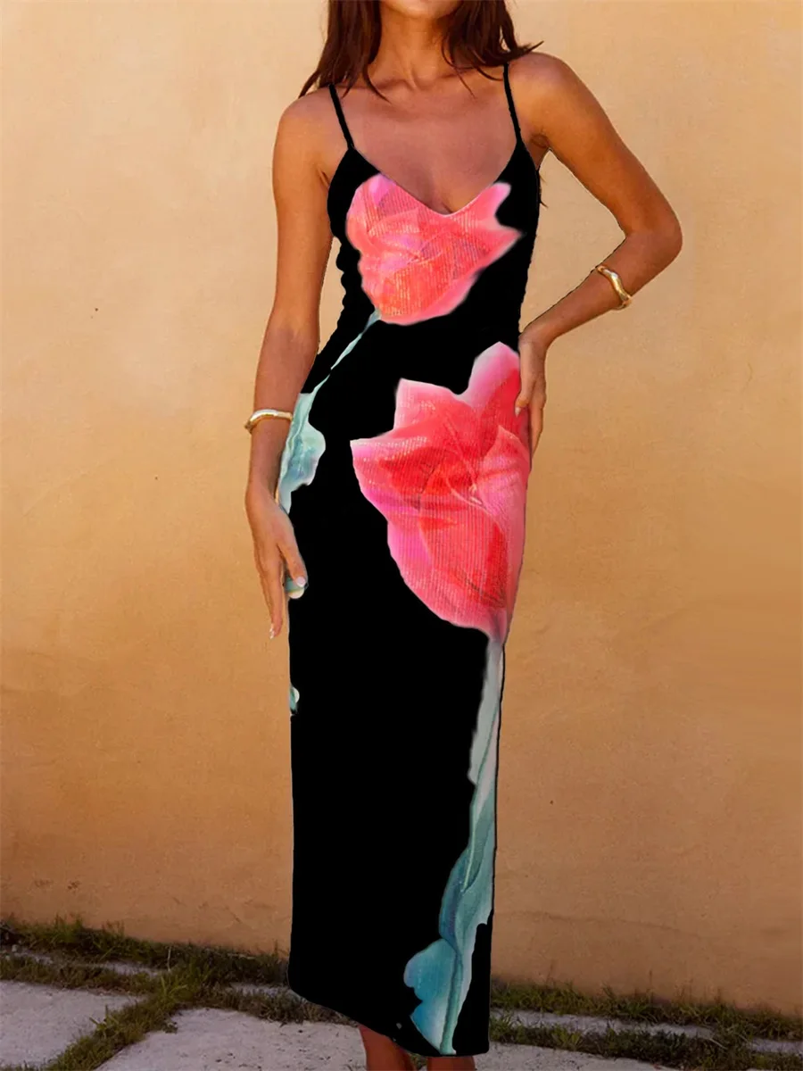 Women s Summer Long Cami Dress Floral Print Sleeveless Spaghetti Strap V-Neck Backless  Dress