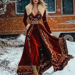 Sexy Women Print Feather Bohe Long Dresses Winter Ethnic Hair Collar Gold Velvet Party Dress Vintage High Waist Vacation Dress