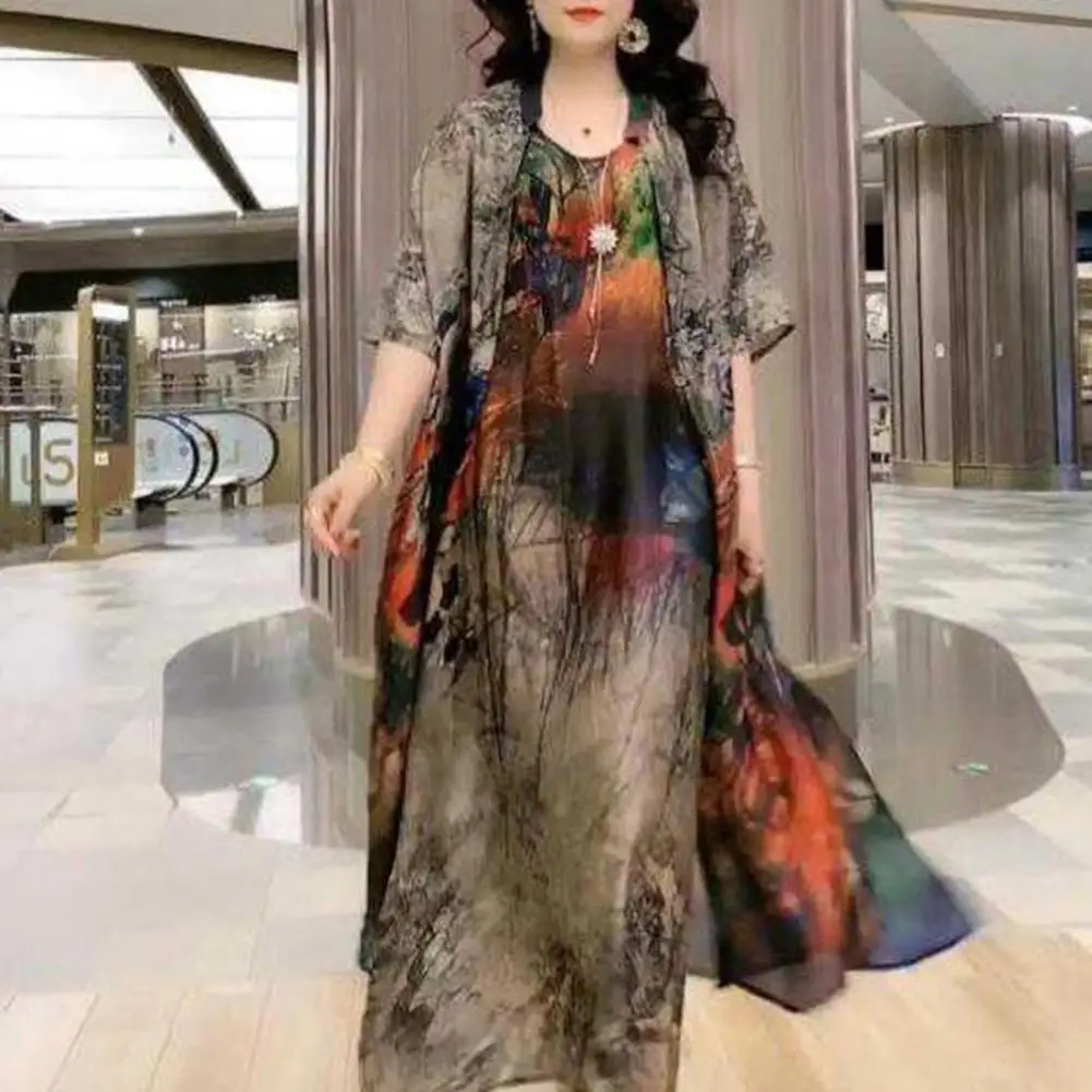 Women Dress Shawl Set Imitation Silk Flower Print O-Neck Half Sleeve Dress Coat Suit Middle Aged Mother Vest Dress Cardigan Set