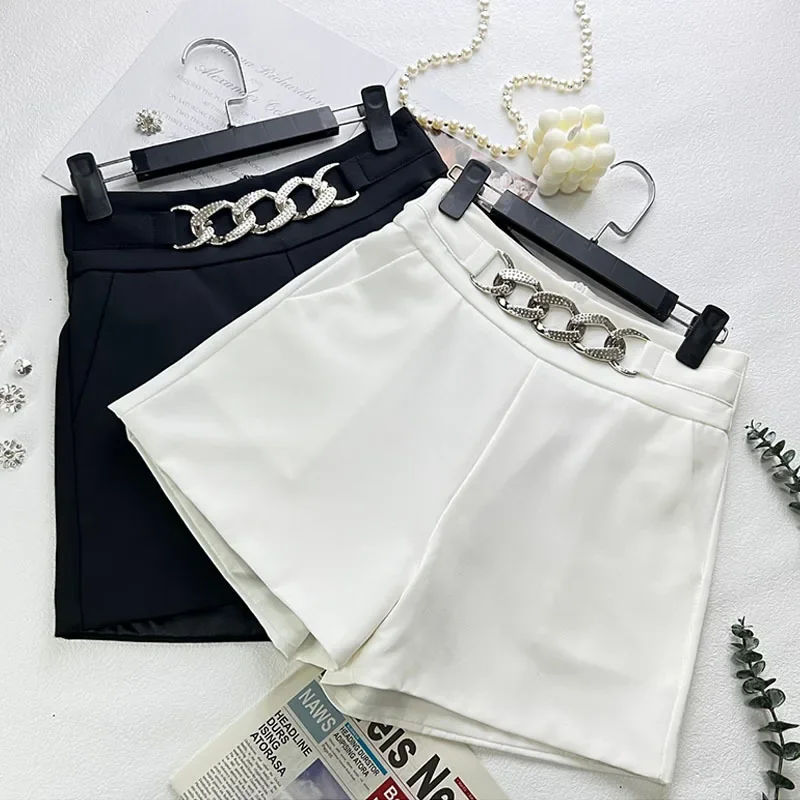 2023 New rhinestone Spring Autumn Women Shorts High Waist Solid Color Office Lady Short-Pants Female Fashion Zipper Up Buttom