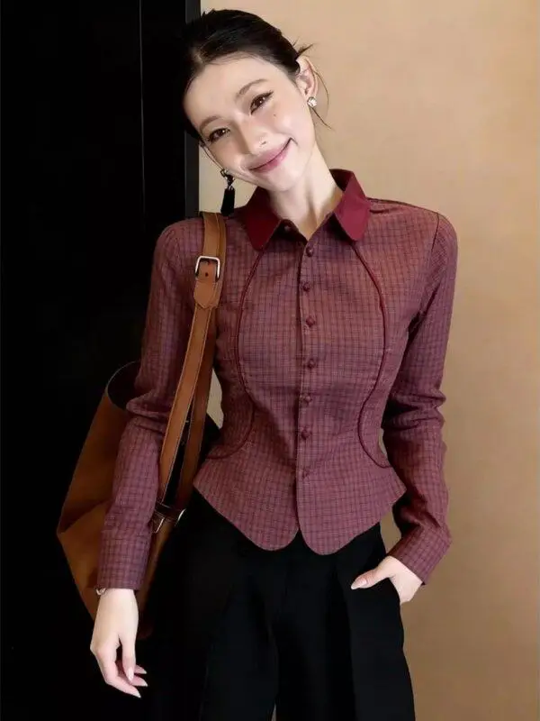 

Slim Fit Plaid Shirt Women's Fashion Early Spring New Style Commute Style Versatile Good Looking Retro Women's Knitted Shirt