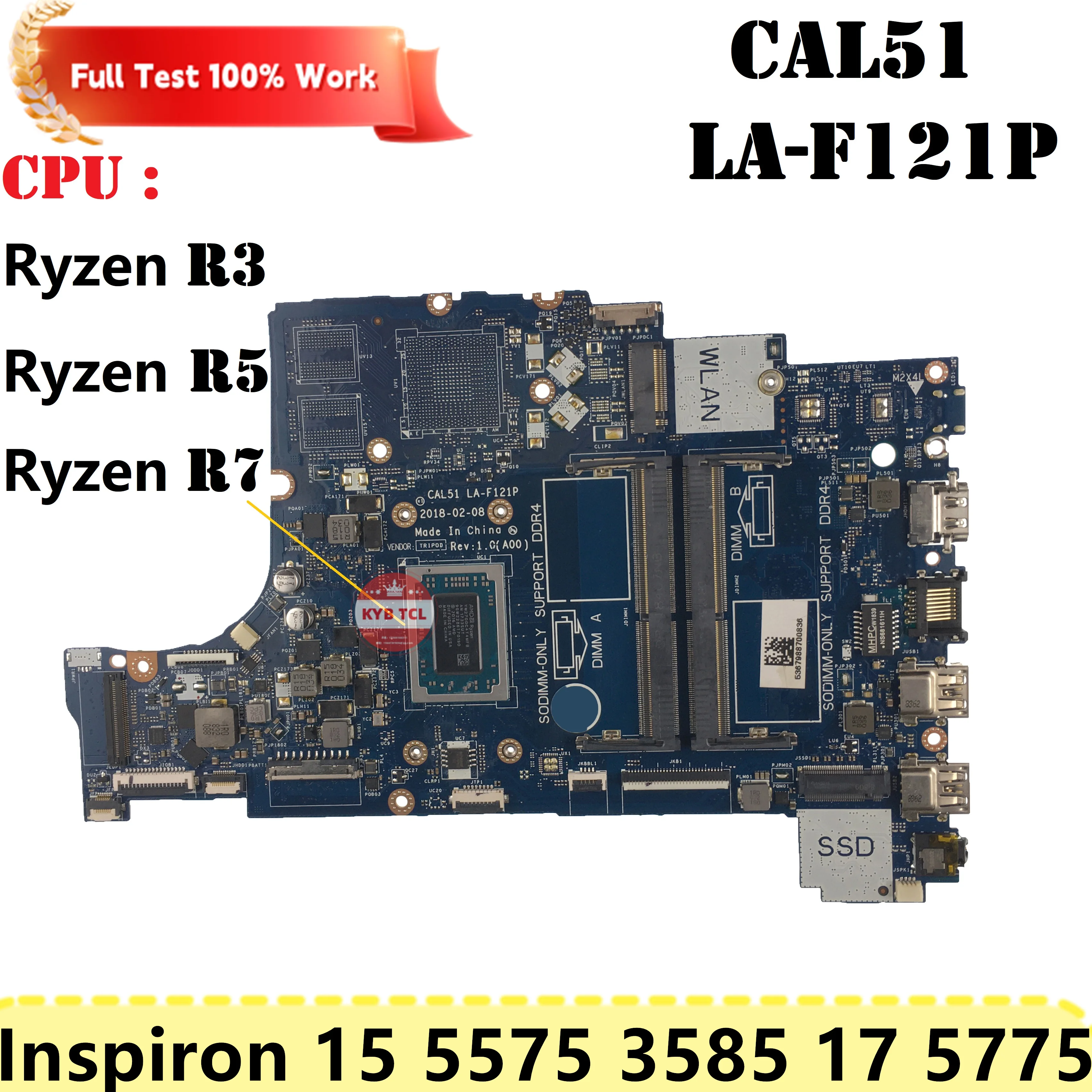 For Dell Inspiron 15 5575 3585 17 5775 Laptop Motherboard CN-0PV8CV CAL51 LA-F121P With Ryzen R3 R5 R7 CPU Mainboard Notebook