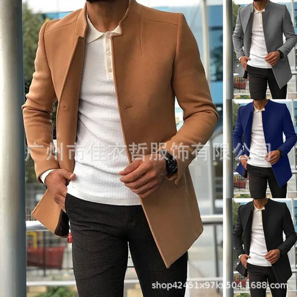 

Spring Autumn New Fashion Men's Casual Trendy Woolen Jacket Stand Collar Single-breasted Solid Color Jacket Coat Male Men's Tops